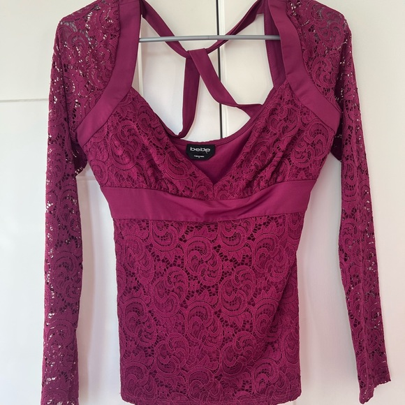 Bebe lace blouse floral pink purple stunning y2k strappy open Y back cute 2000s - Picture 4 of 5